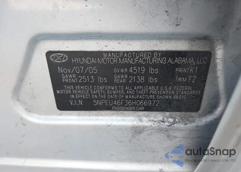2006 Hyundai Sonata Gls V6/Lx V6 из США, поврежденный, VIN 5NPEU46F36H066972